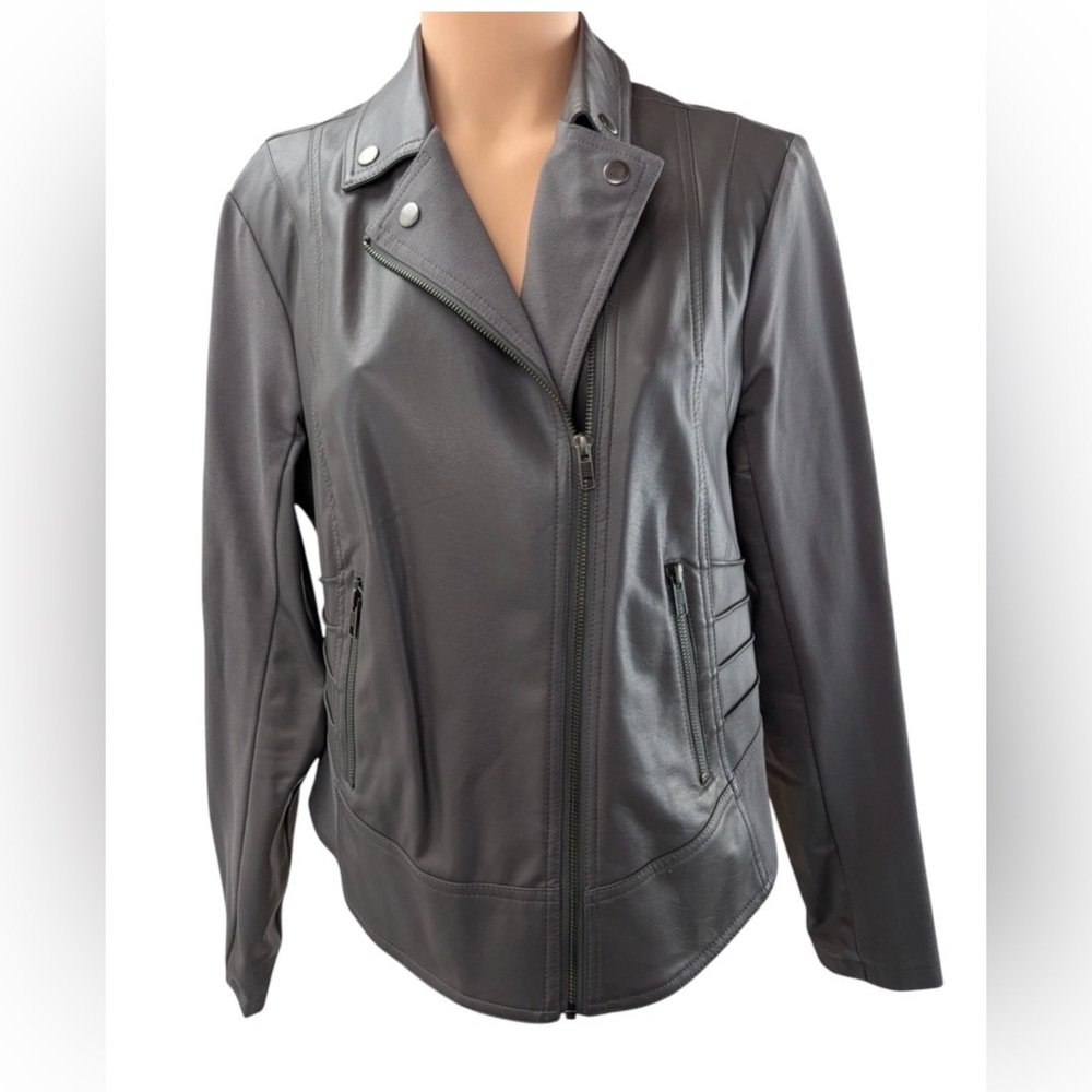 Torrid Woman's Gray Full Zip Ribbed Sides Faux Leather Moto Style Jacket